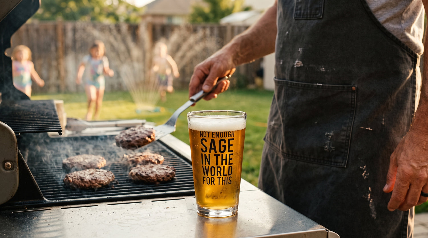 dad grilling burgers and drinking beer from a glass pint reading not enough sage in the world for this